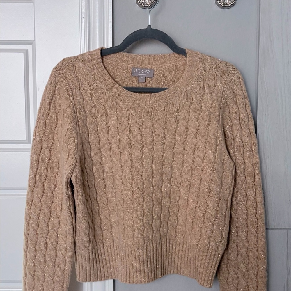 J. Crew Cashmere Cable Knit Tan Sweater with Gold Sparkle - Medium